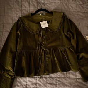 American Eagle Outfitters Olive Blouse with Ruffle Detail